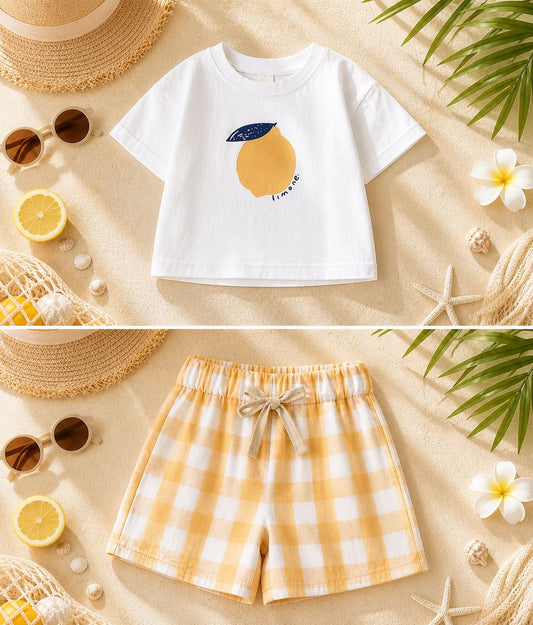 Sunny Lemon Kids Co-ord Set – Soft Cotton Tee & Gingham Shorts