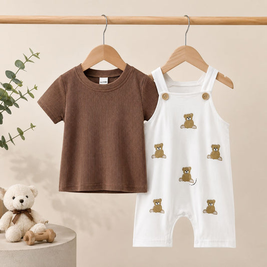 Teddy Bear Dungaree Baby Set – Soft Cotton Romper & Ribbed Tee