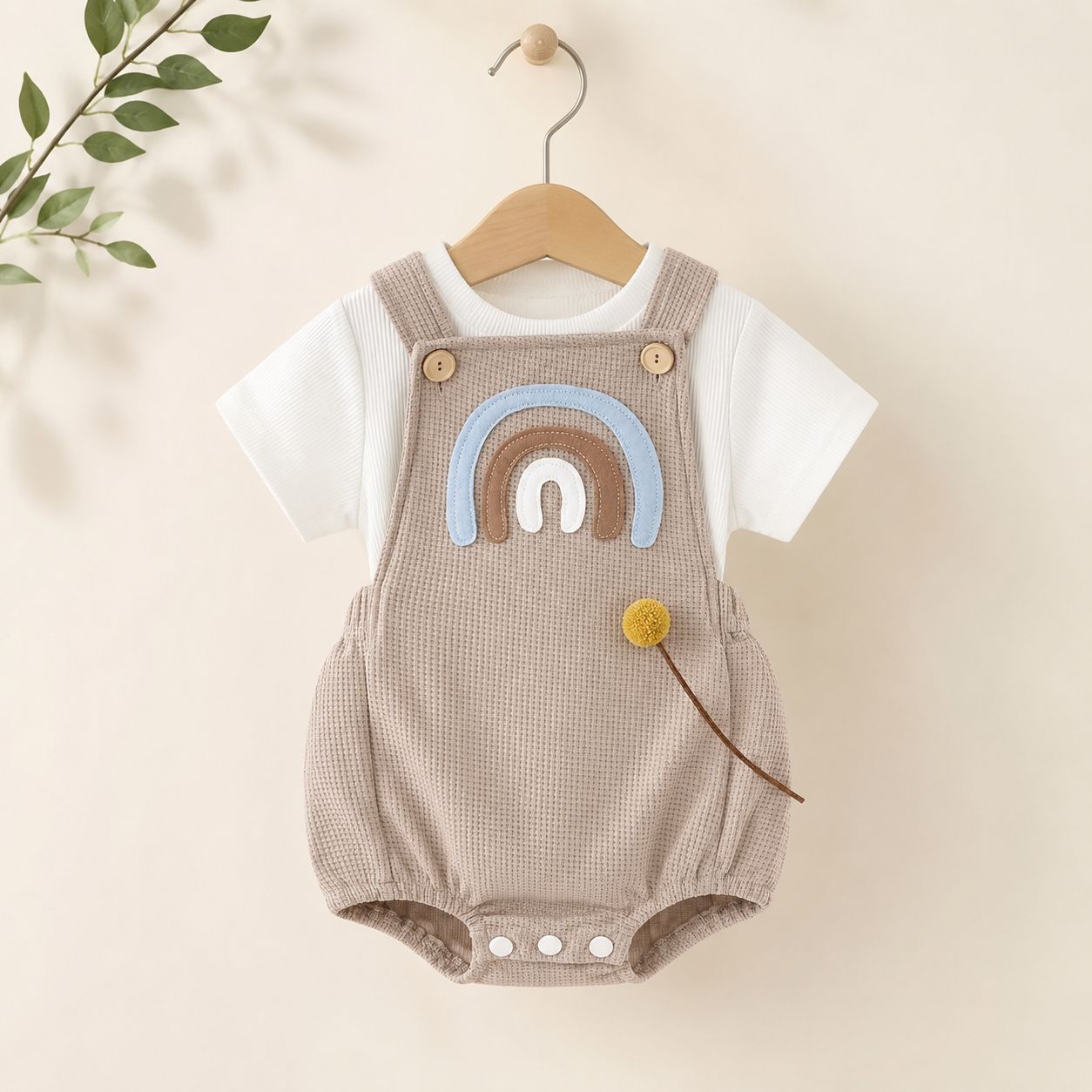 Rainbow Waffle Knit Baby Romper Set – Beige & White