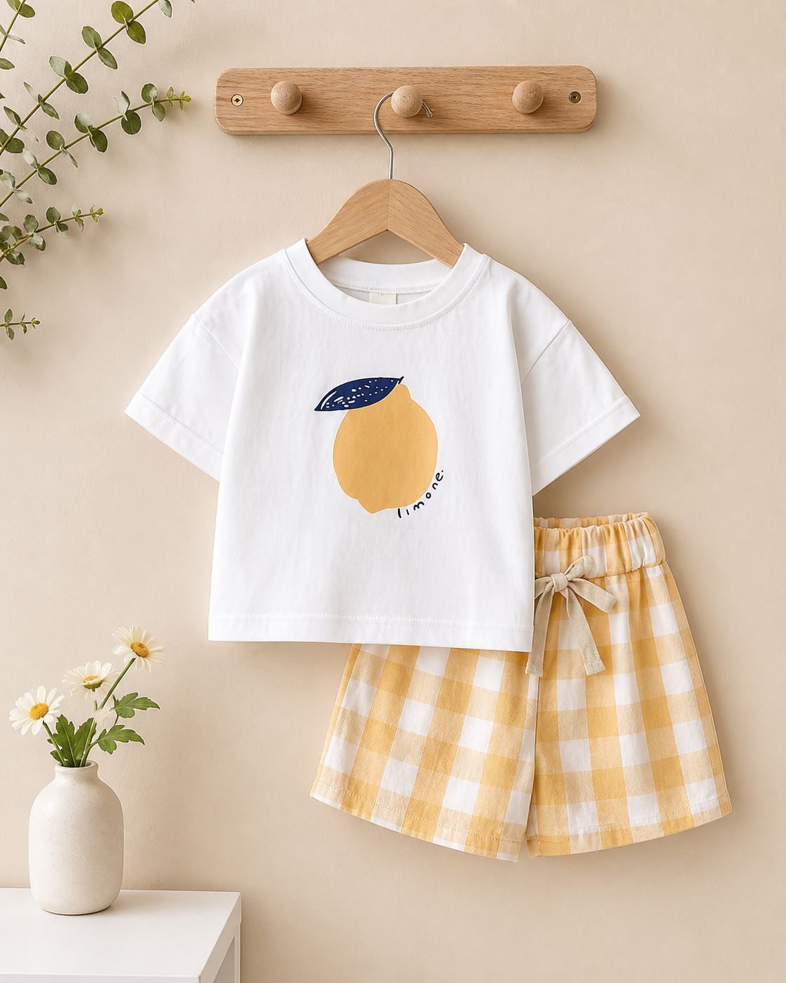 Sunny Lemon Kids Co-ord Set – Soft Cotton Tee &amp; Gingham Shorts