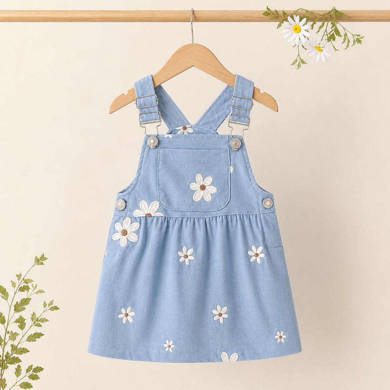Sky Blue Daisy Embroidered Pinafore Dress for Kids