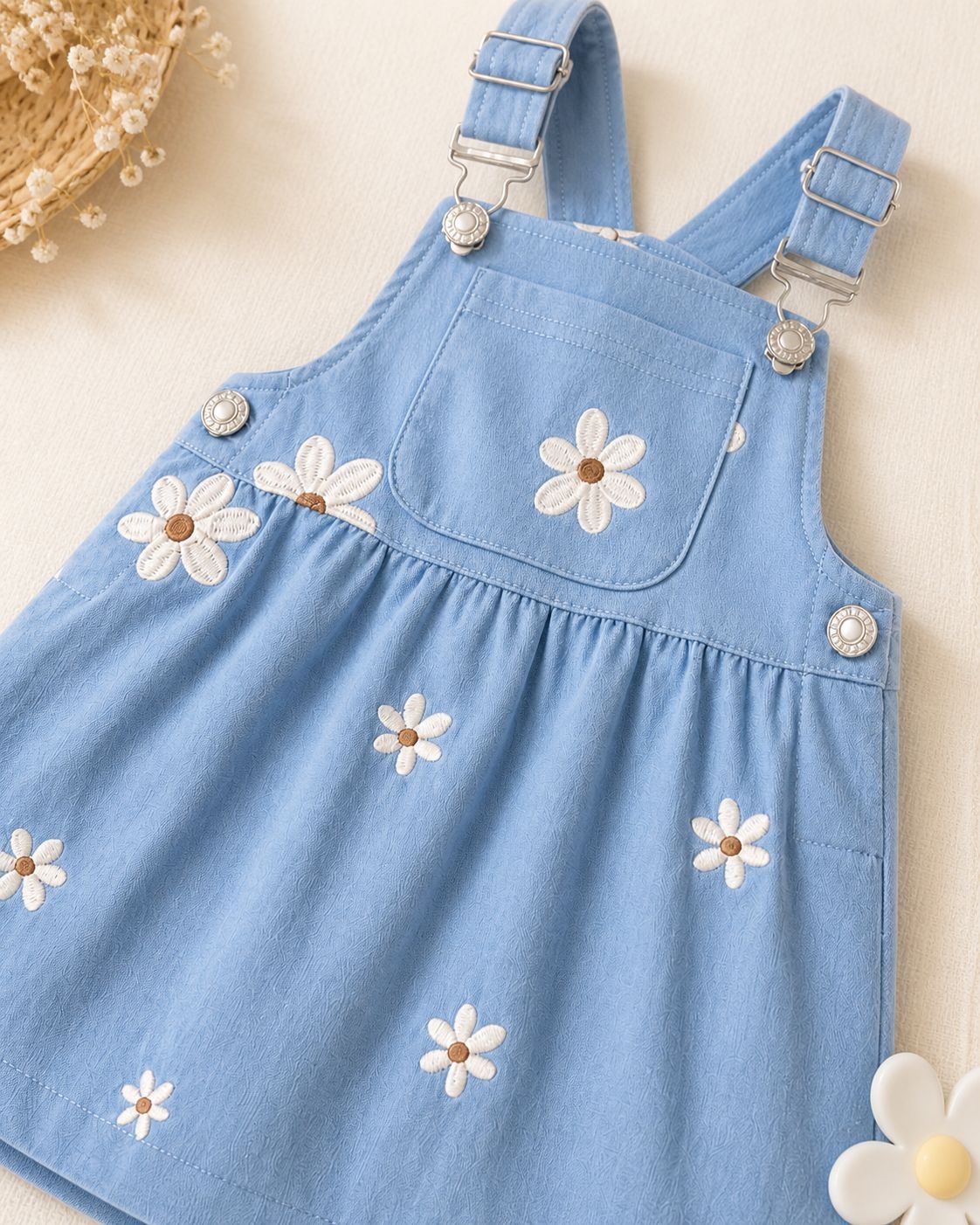 Sky Blue Daisy Embroidered Pinafore Dress for Kids
