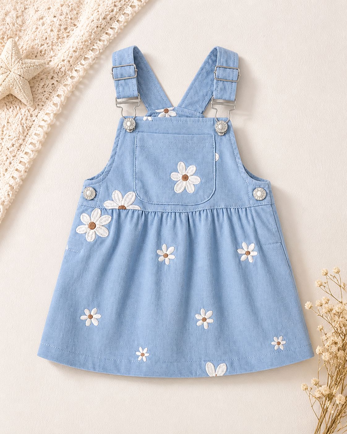 Sky Blue Daisy Embroidered Pinafore Dress for Kids