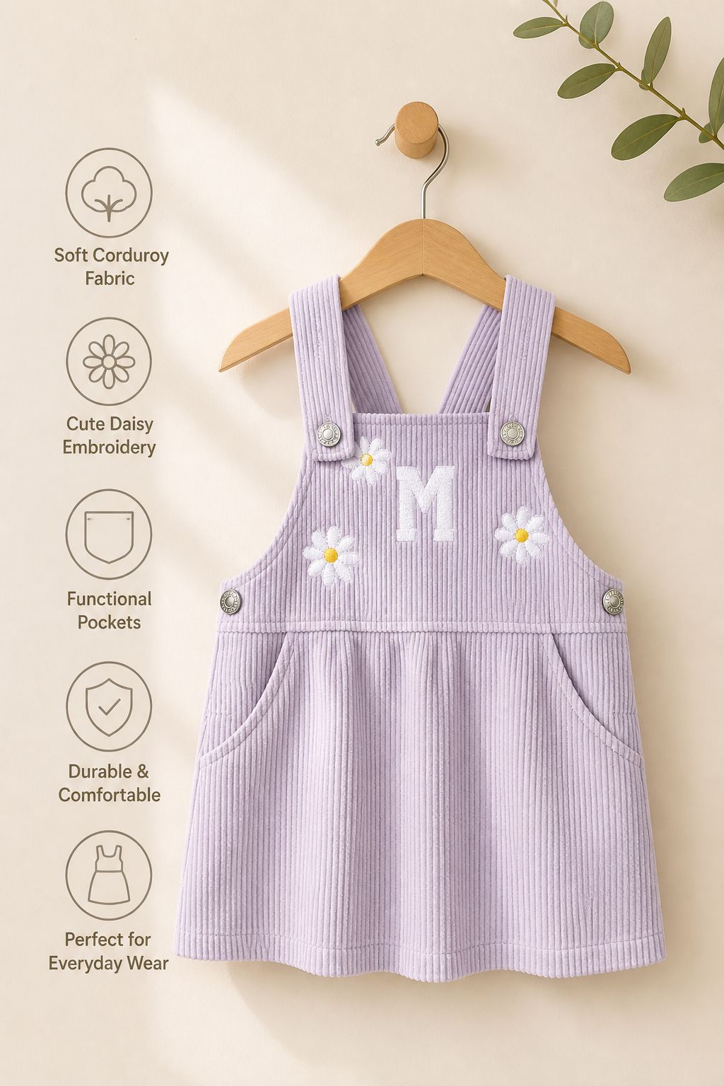 Lavender Daisy Corduroy Pinafore Dress for Kids