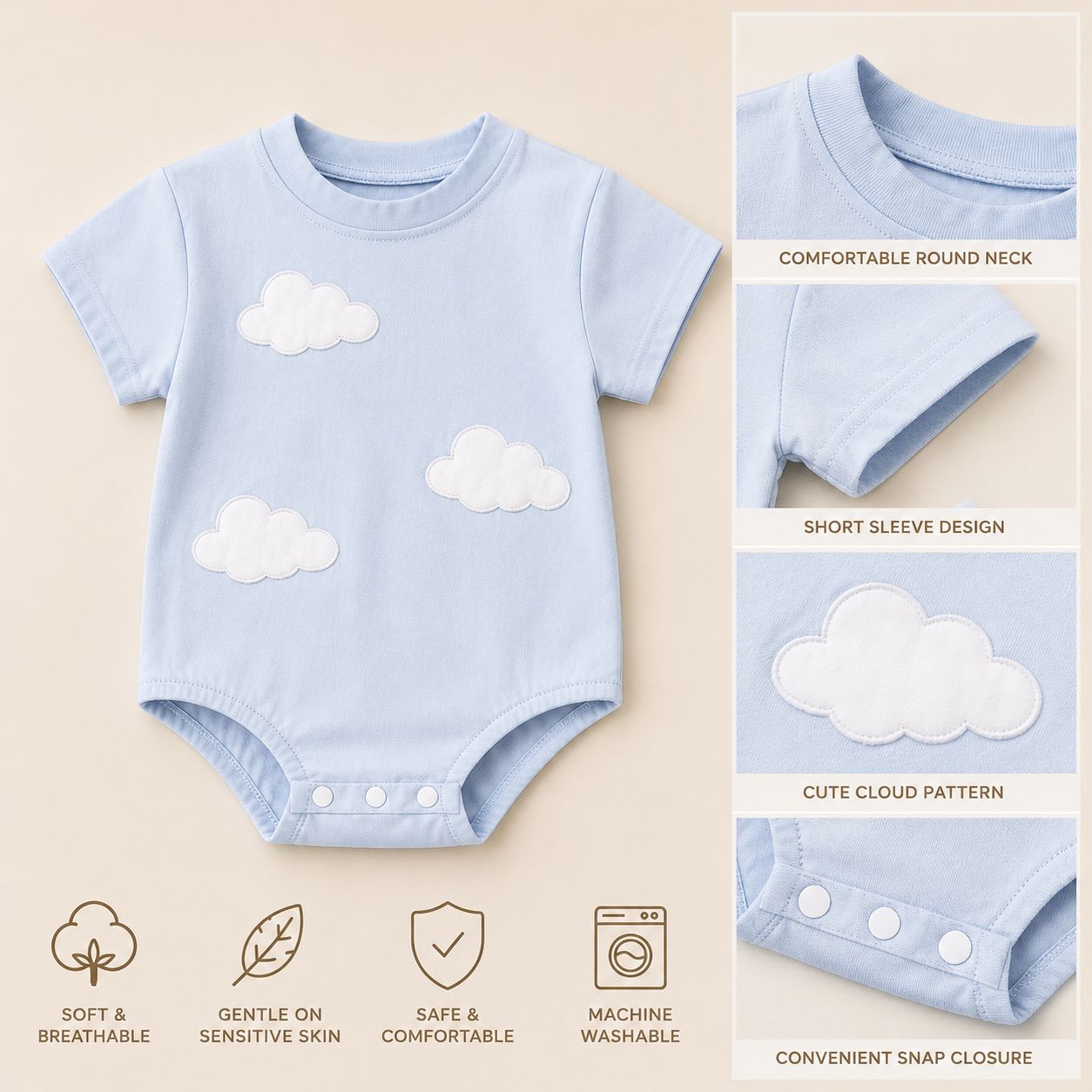 Dreamy Cloud Cotton Baby Romper – Soft Blue Onesie for Infants
