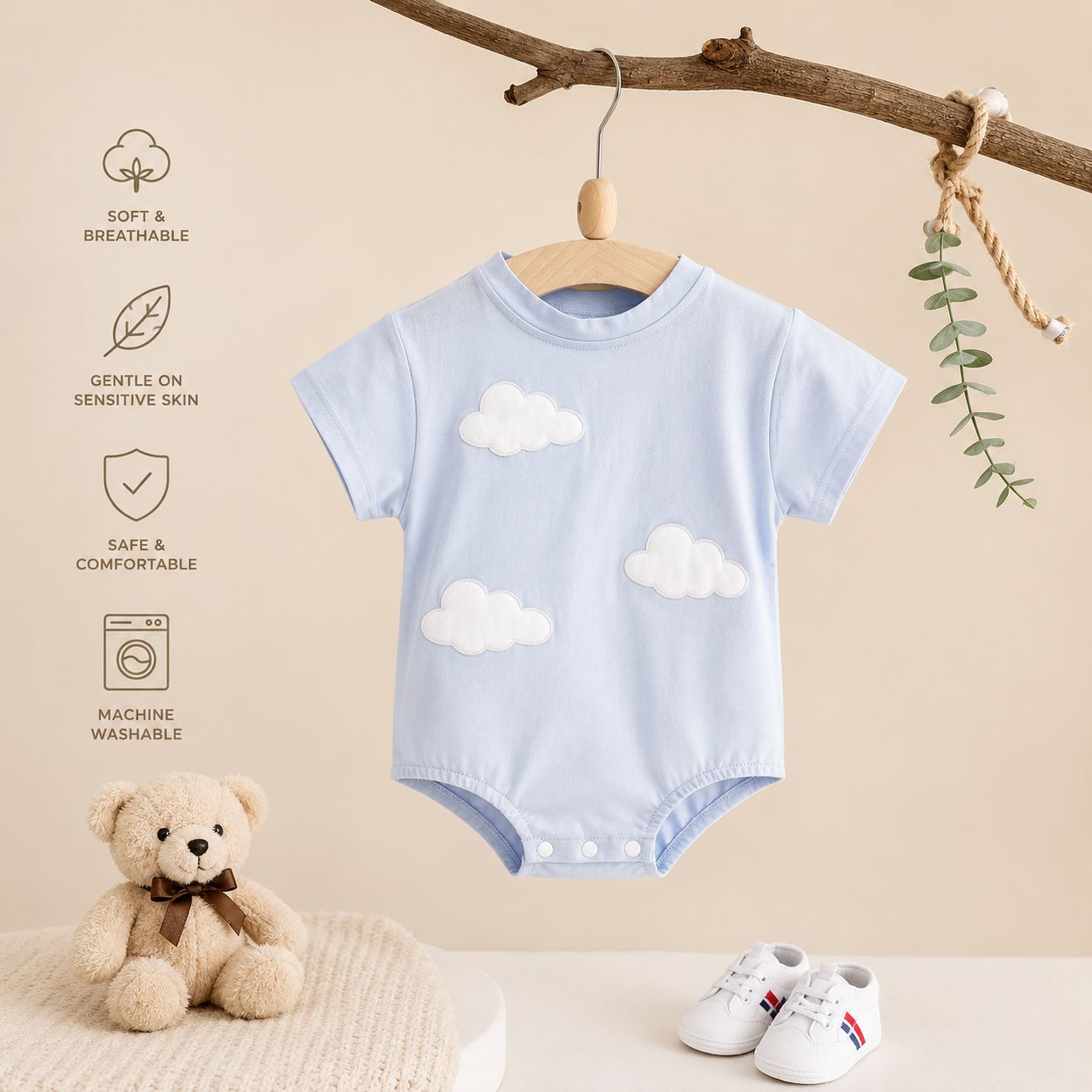 Dreamy Cloud Cotton Baby Romper – Soft Blue Onesie for Infants