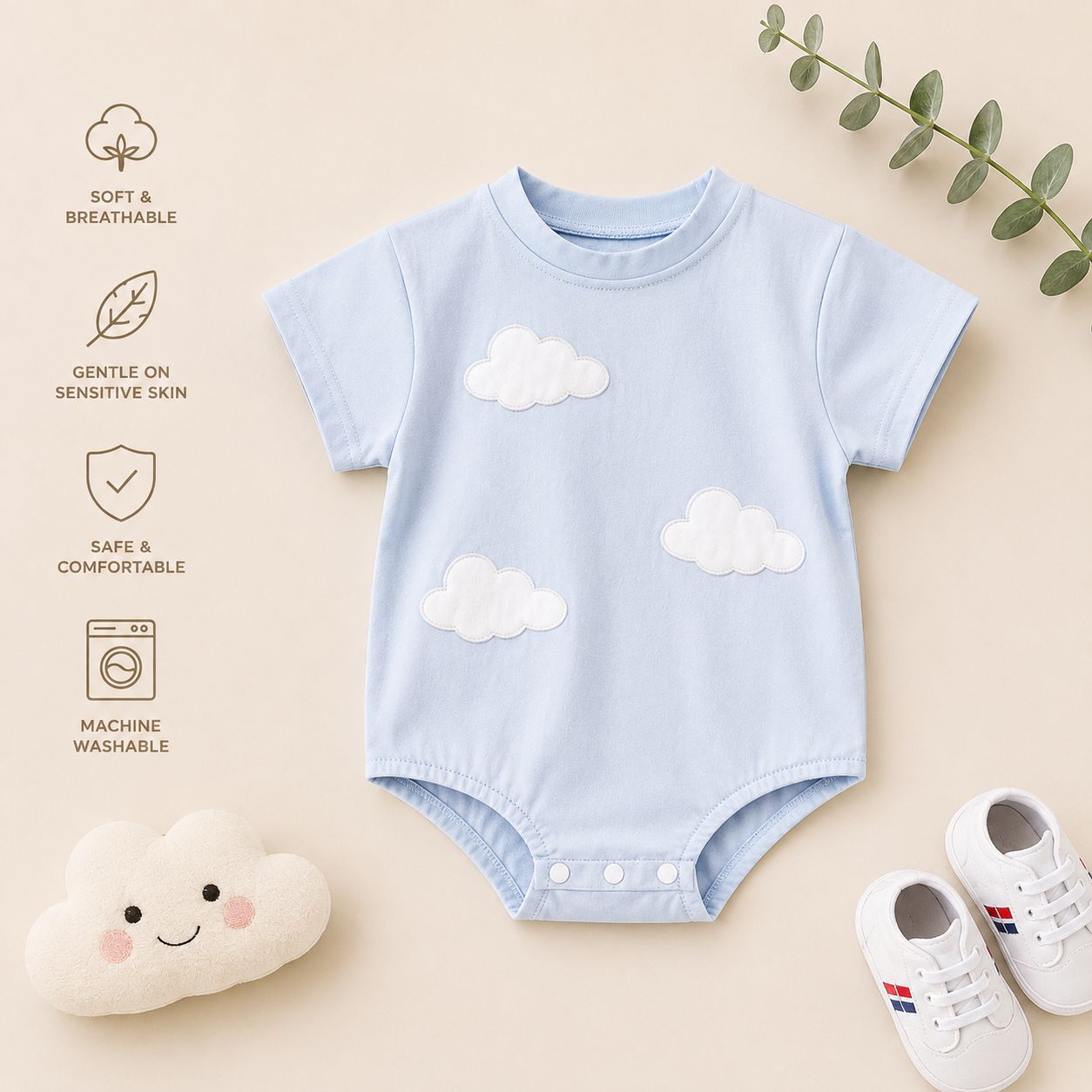 Dreamy Cloud Cotton Baby Romper – Soft Blue Onesie for Infants
