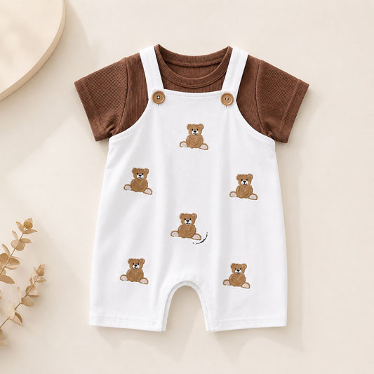 Teddy Bear Dungaree Baby Set – Soft Cotton Romper &amp; Ribbed Tee