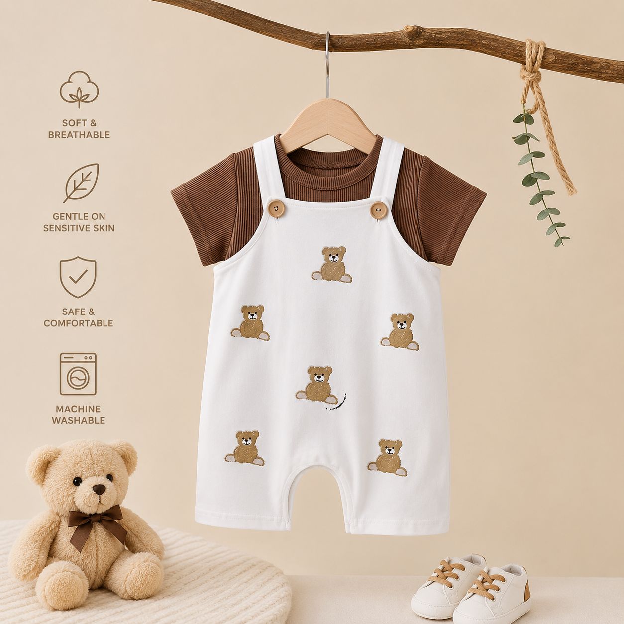 Teddy Bear Dungaree Baby Set – Soft Cotton Romper &amp; Ribbed Tee