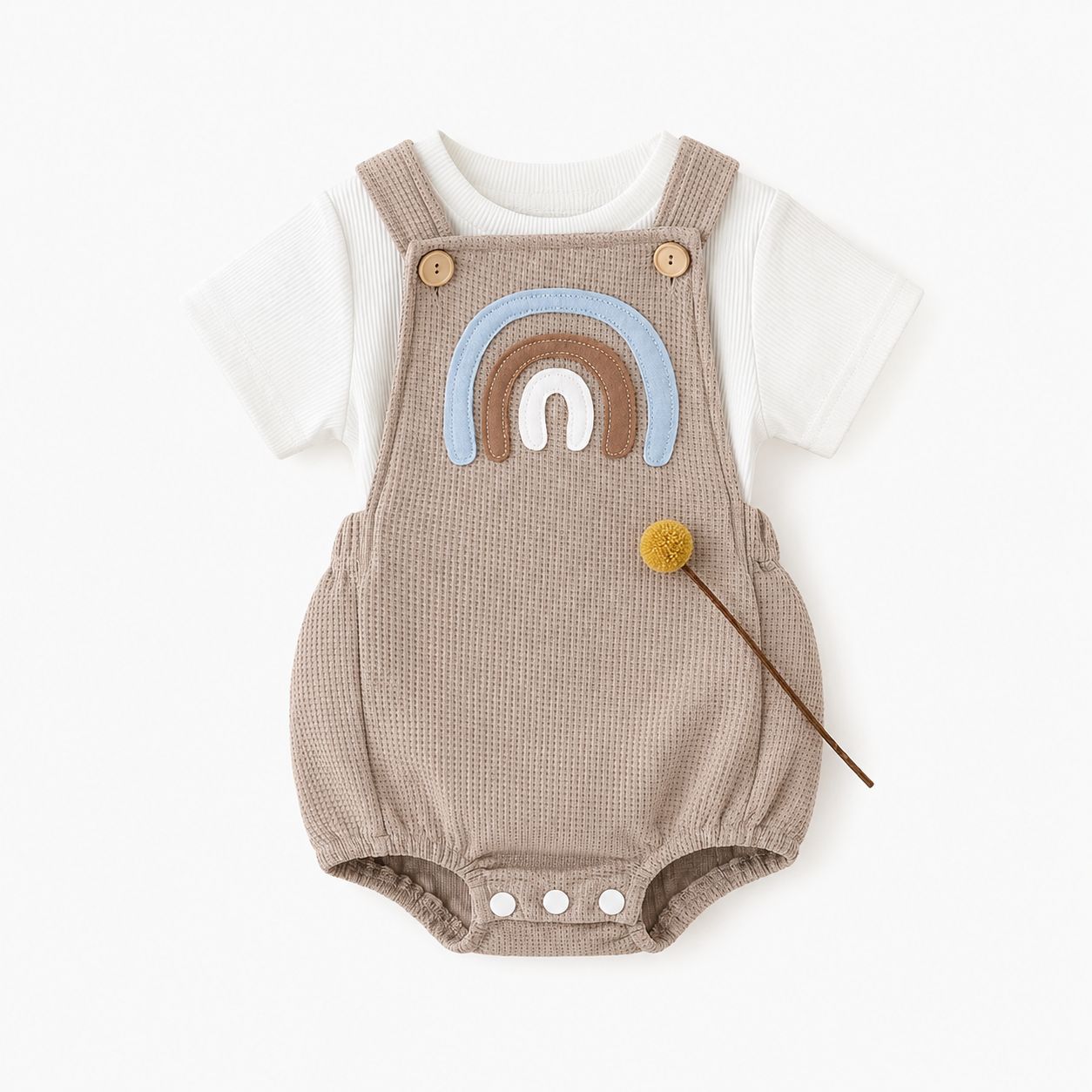 Rainbow Waffle Knit Baby Romper Set – Beige & White