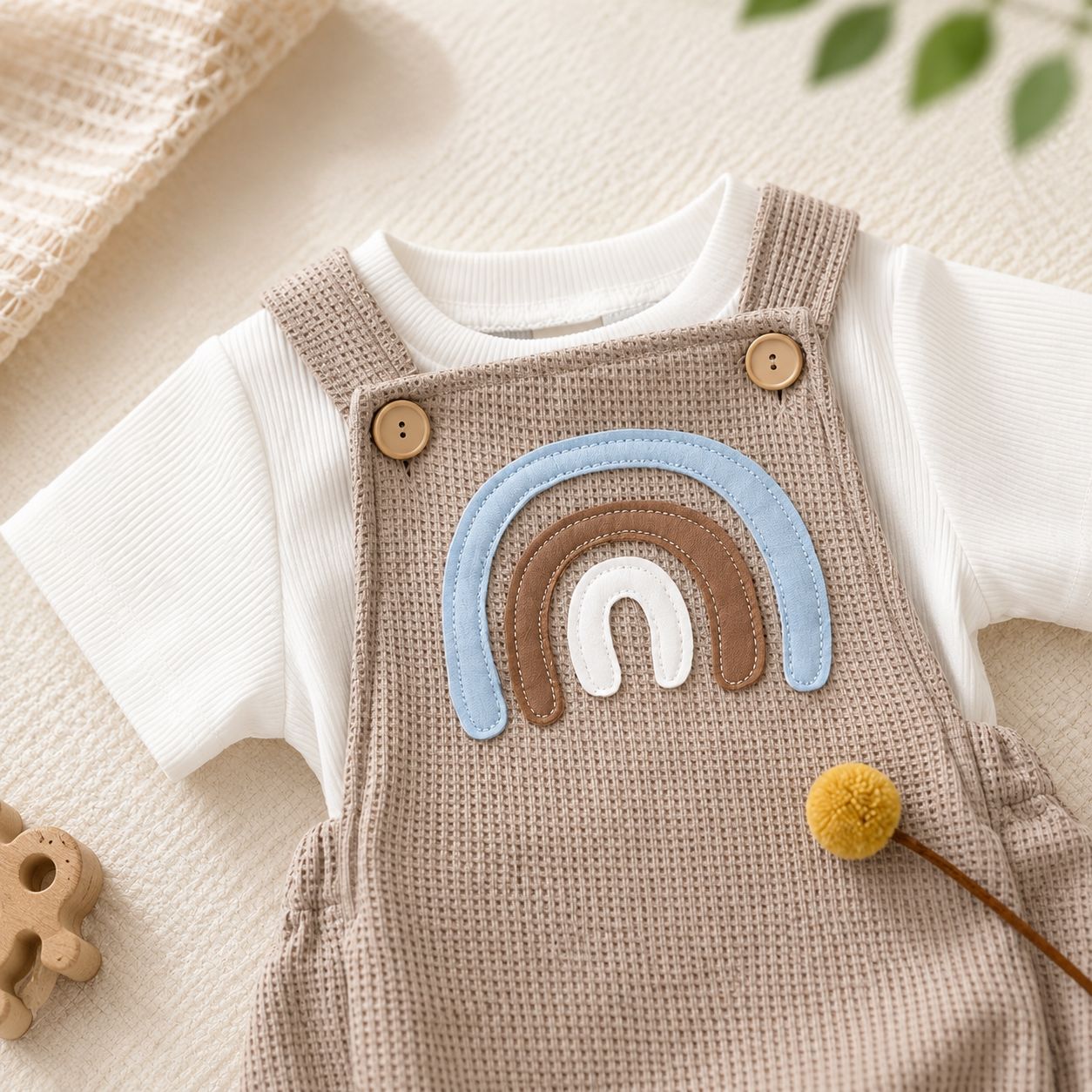 Rainbow Waffle Knit Baby Romper Set – Beige & White
