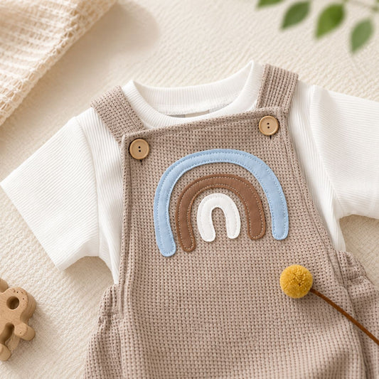 Rainbow Waffle Knit Baby Romper Set – Beige & White