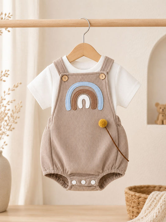 Rainbow Waffle Knit Baby Romper Set – Beige & White