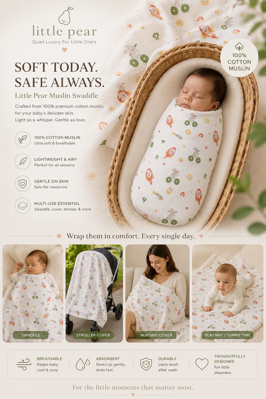Little Pear Premium Muslin Swaddle – Rocket Print