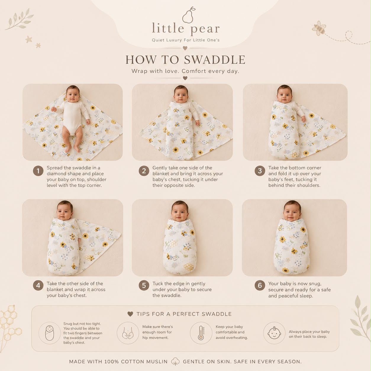 Little Pear Premium Muslin Swaddle – Beehive Print