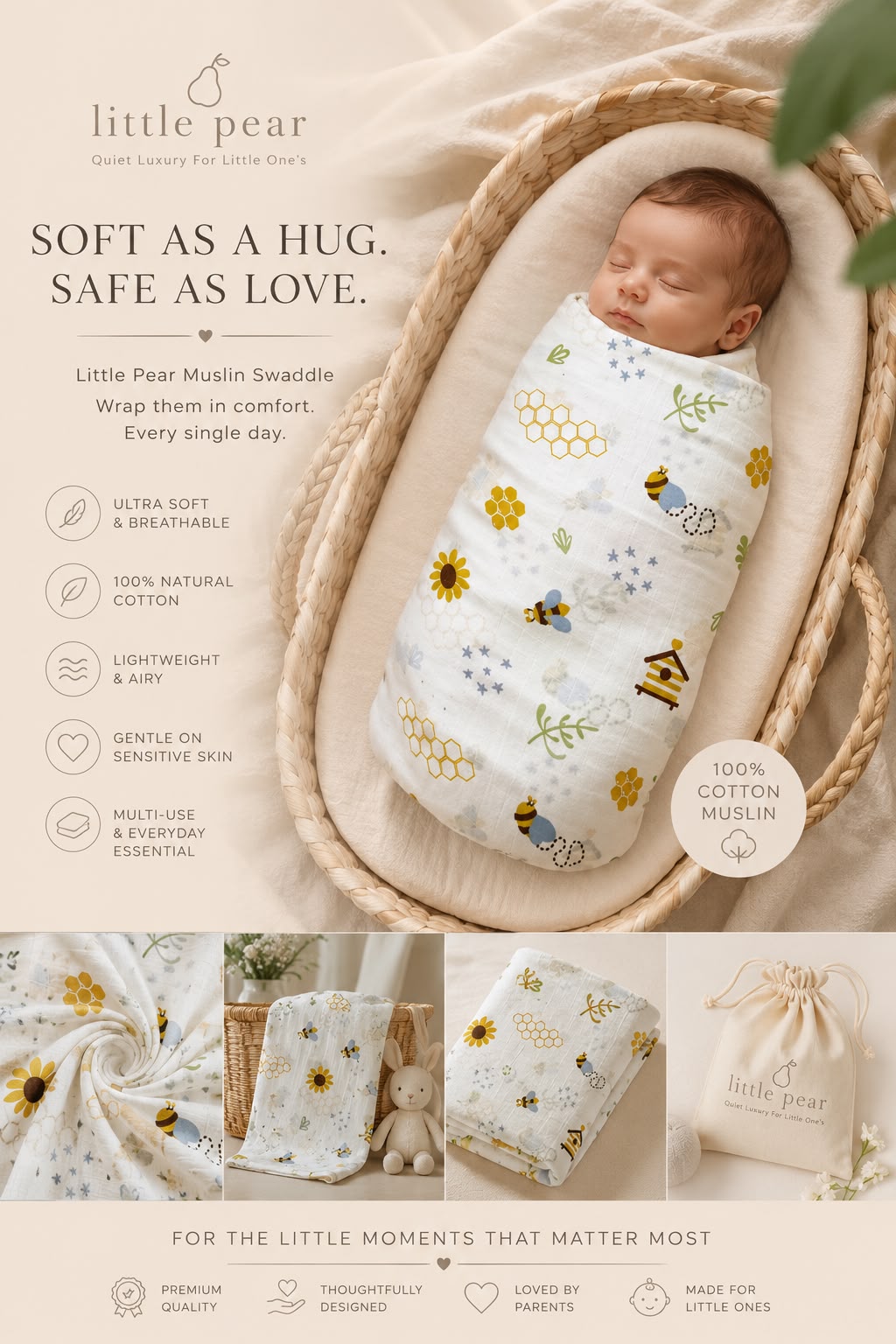Little Pear Premium Muslin Swaddle – Beehive Print