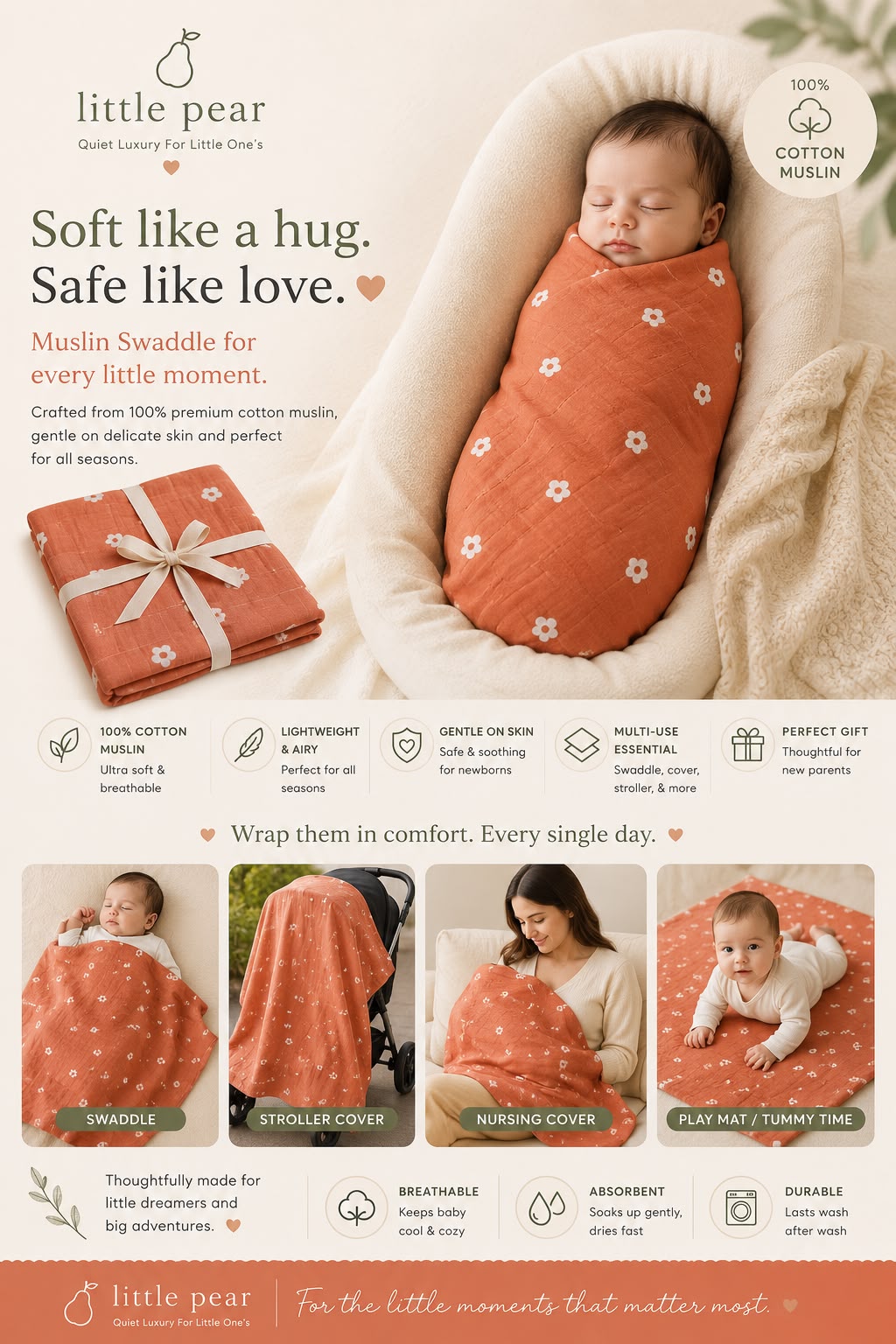 Little Pear Premium Muslin Swaddle – Apricot Blossom Print