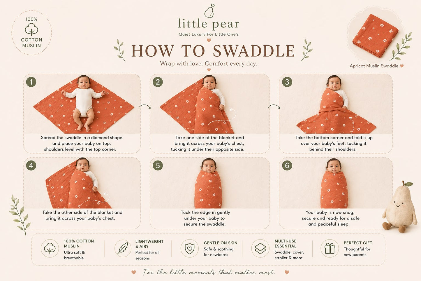 Little Pear Premium Muslin Swaddle – Apricot Blossom Print