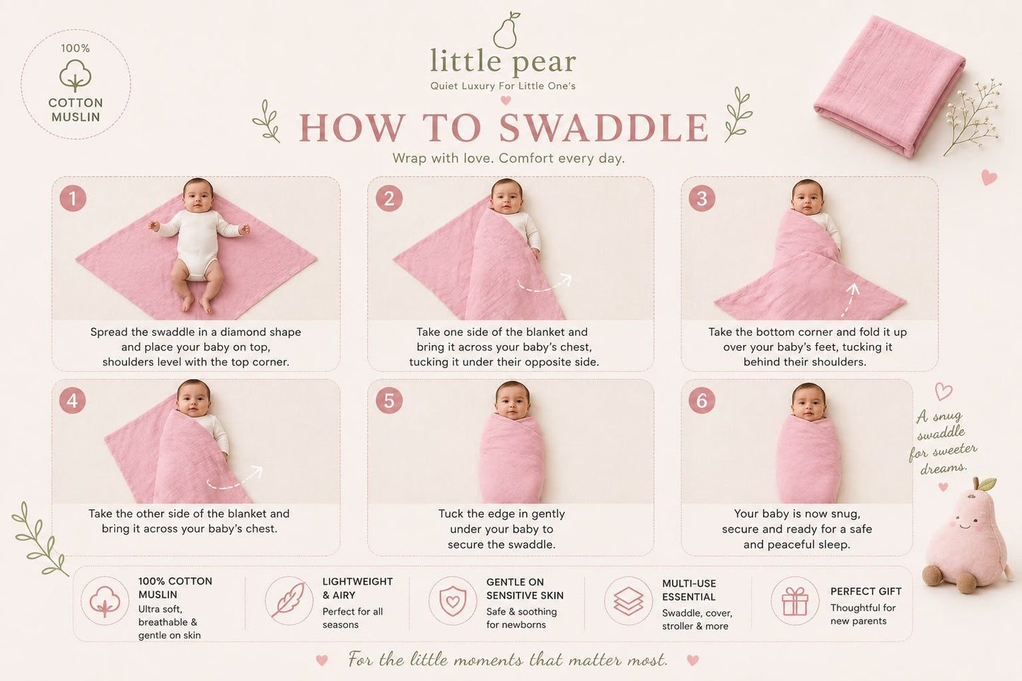 Little Pear Premium Muslin Swaddle – Baby Pink