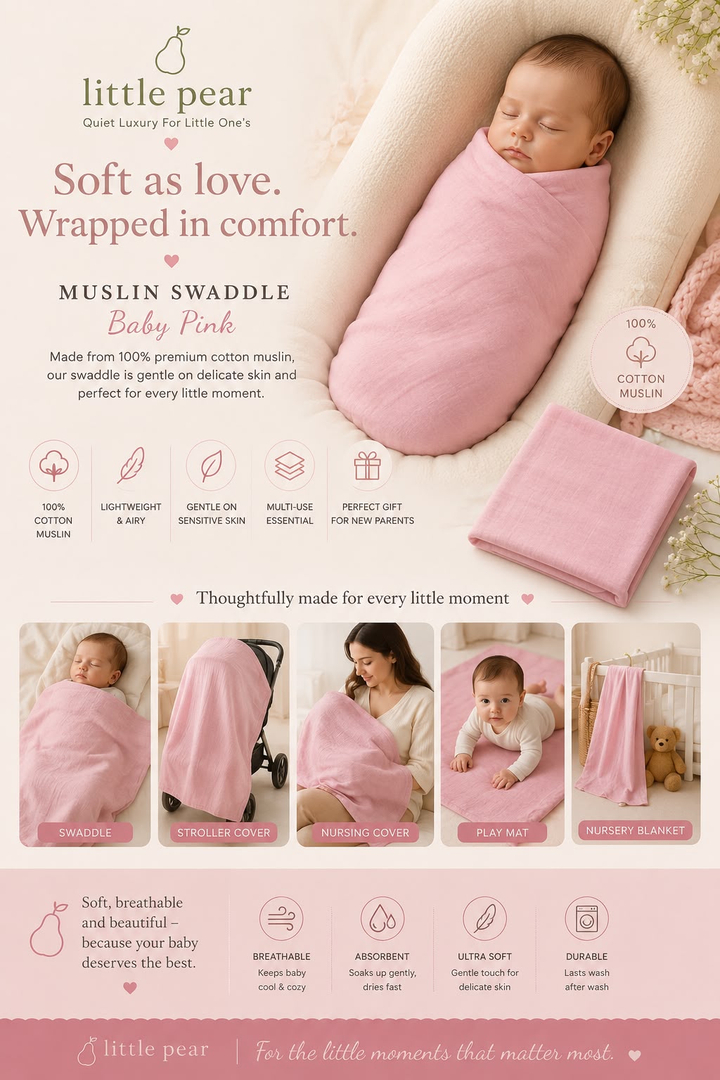 Little Pear Premium Muslin Swaddle – Baby Pink
