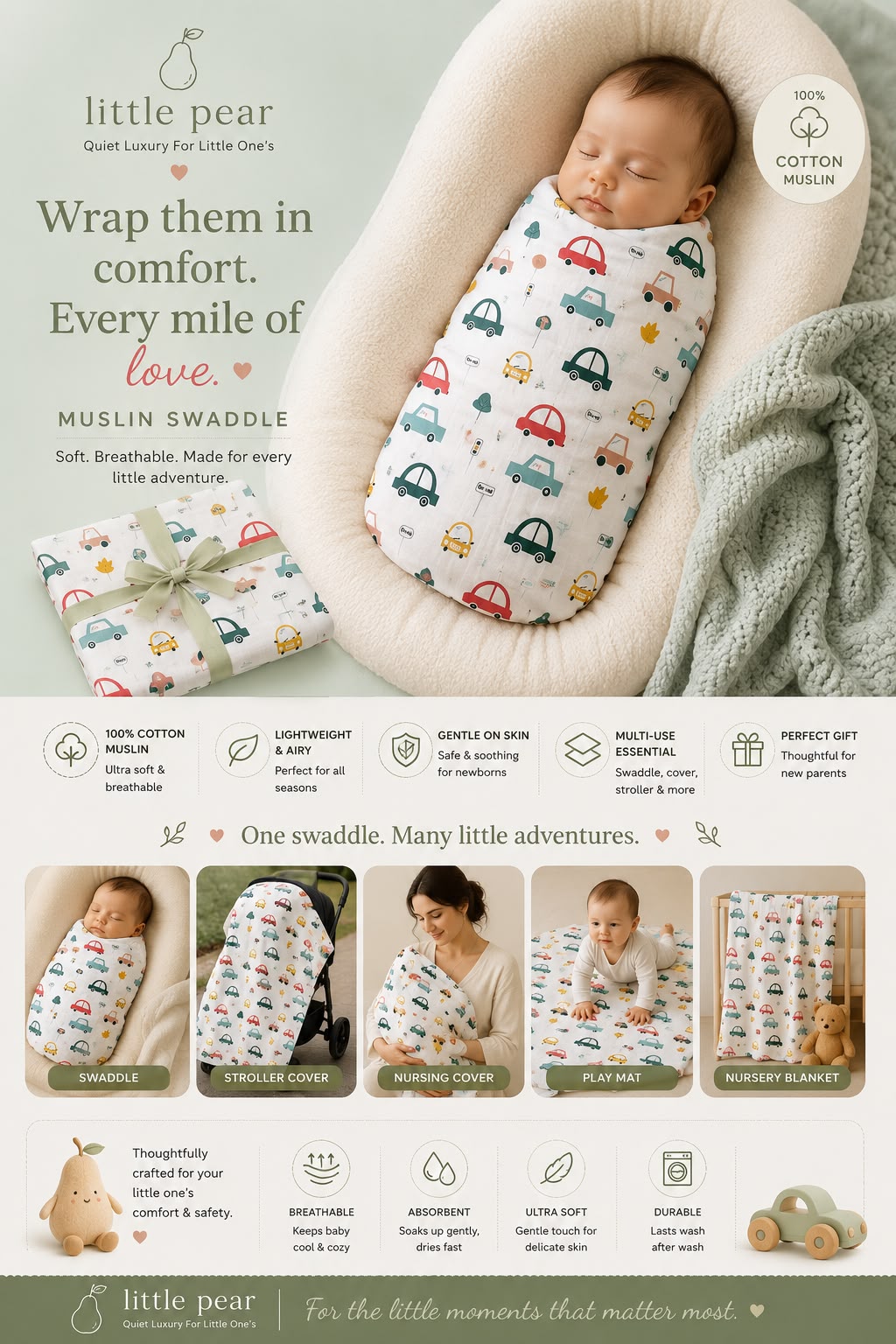 Little Pear Premium Muslin Swaddle – Adventure Cars Print